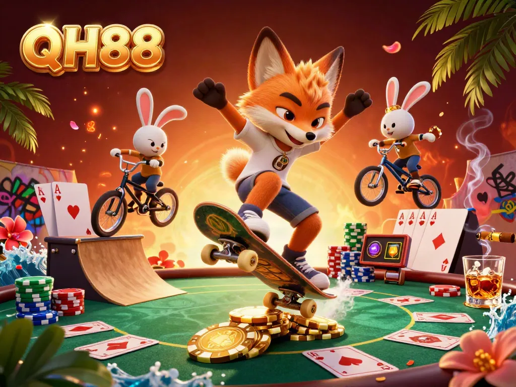 Experience QH88's vibrant casino scene with a cartoon fox and rabbit at play.