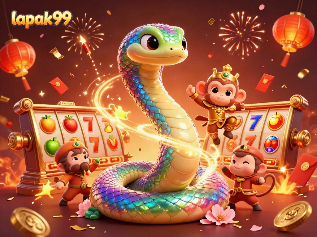 Experience the excitement of lapak99 with vibrant slot reels and playful characters in a dynamic casino scene.