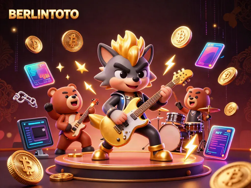 Experience the thrill of BERLINTOTO with a lively 3D casino scene showcasing a rock star wolf and dynamic gameplay.