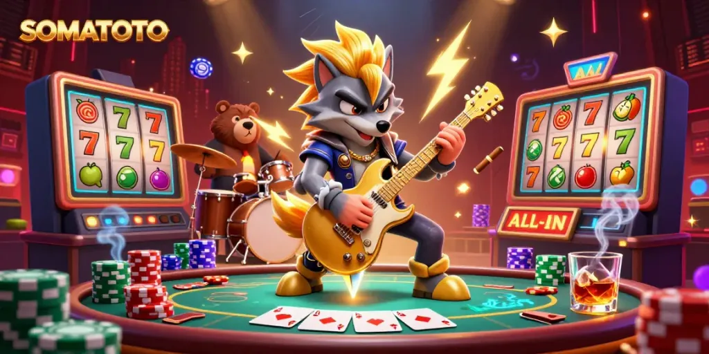SOMATOTO brings you the vibrant energy of slots with rock star wolf and drummer bear on stage!