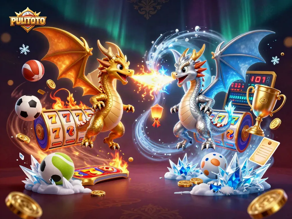 PULITOTO showcases a dynamic scene with cartoon dragons and vibrant casino elements, illustrating thrilling gaming action.
