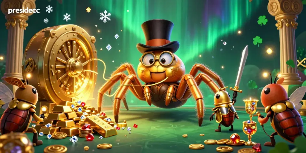 Engage with presidencc as the golden tarantula and brave beetle knight create a thrilling casino adventure.