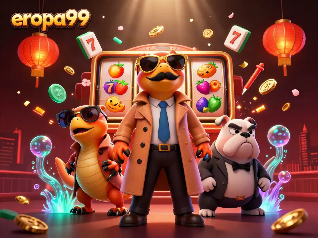 Rasakan keseruan bermain di Eropa99 dengan slot gacor melibatkan tiga raptor dalam trench coat memasuki lounge casino VIP.