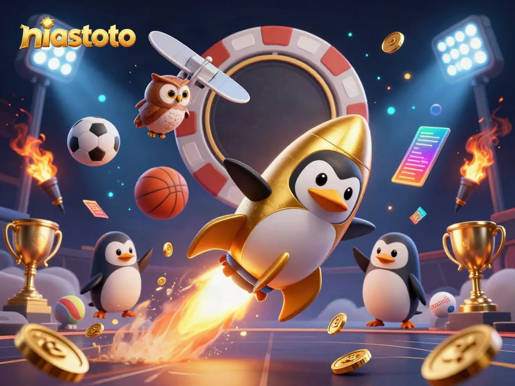 Gambol dengan niastoto dan penguin emas peluncur di luar angkasa, mengumpulkan koin keemasan.