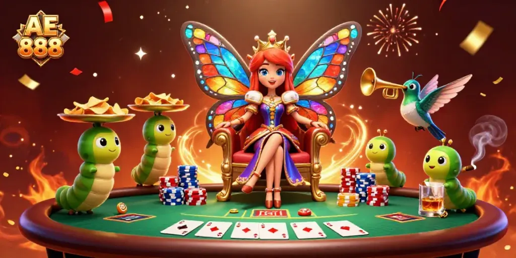 Experience AE 888 gaming royalty with the queen and vibrant casino elements in a rich celebratory scene.