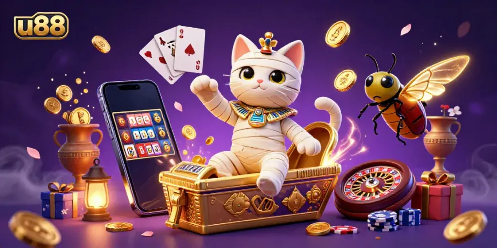 Engage with the vibrant u88 gaming scene featuring a mummy cat in a pyramid casino, rich with details.