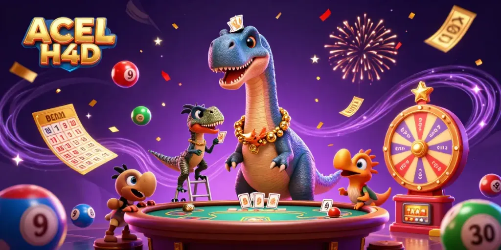 Engage with ACEH4D as the brontosaurus towers above the casino, with vibrant game elements dynamically around.