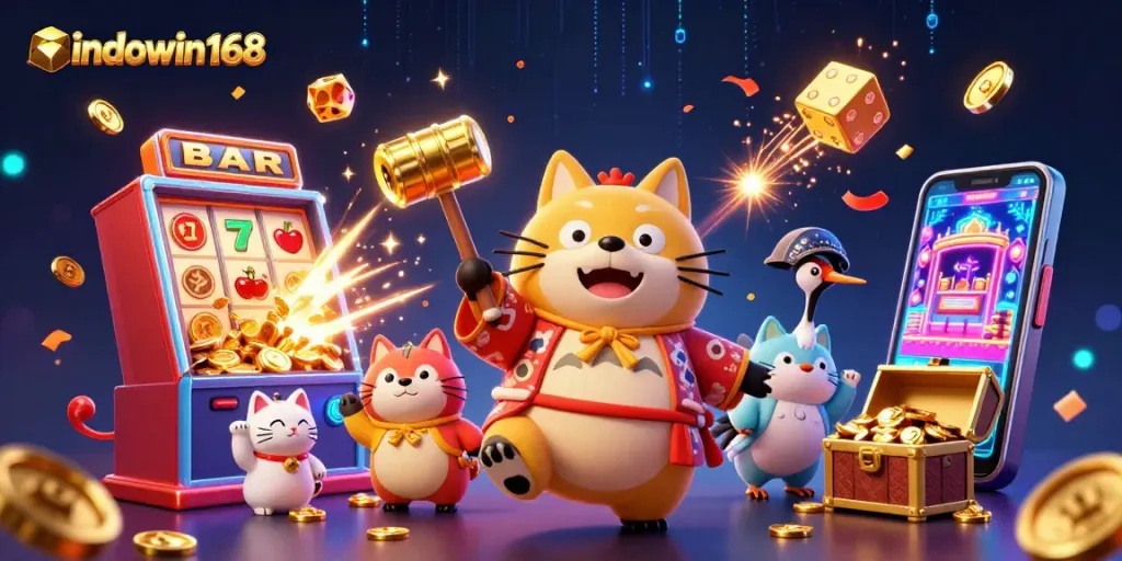 Spin to win at indowin168 with vibrant 3D illustration of cheerful raccoon and lucky symbols.