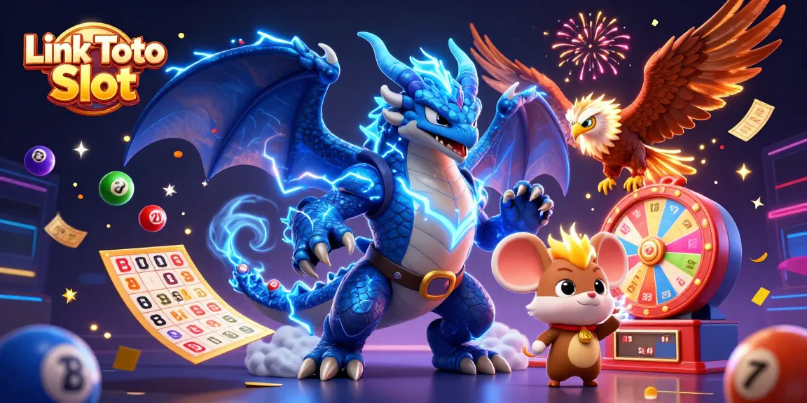Link Toto Slot menghadirkan ilustrasi menarik dengan karakter kartun dan elemen permainan yang penuh warna.