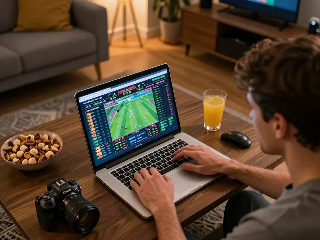 Engaged player strategizing bets on https://Zbetat.com/ during an exciting online sports betting session at home.