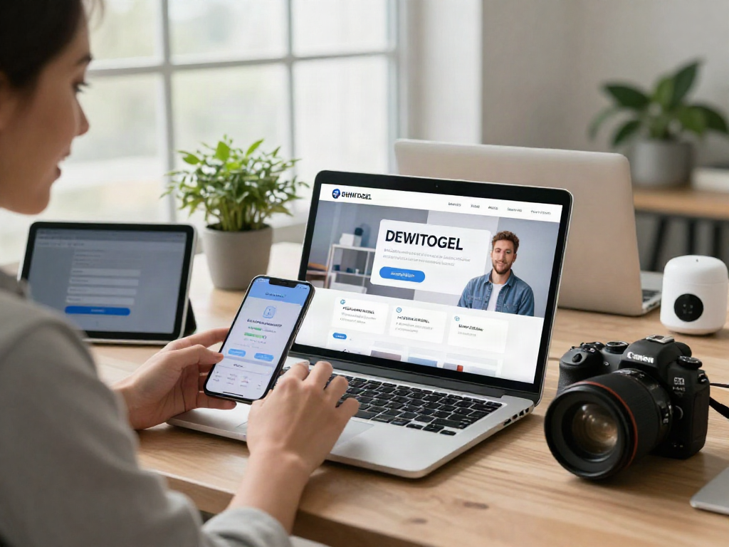 Pengguna DEWITOGEL mengakses layanan digital dengan mudah di laptop dan smartphone dalam suasana kantor modern.
