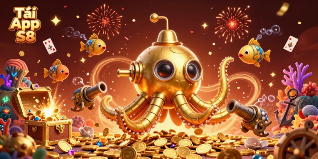Experience the excitement of Tải App S8 with a lavish underwater treasure scene featuring a golden kraken and sparkling casinos.