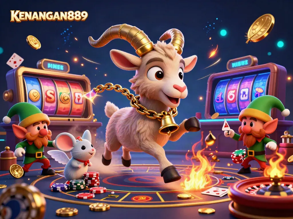 KENANGAN889 showcases thrilling online gaming action with a festive Krampus goat, angel mouse, and mischievous elves stealing chips.