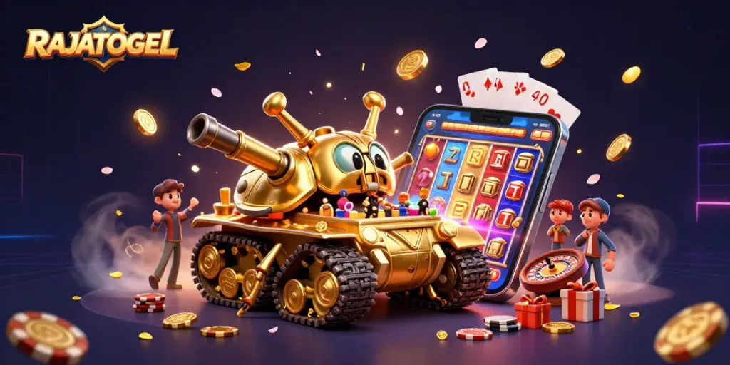 Engage with RAJATOGEL's vibrant casino scene filled with dynamic gaming action and festive elements.