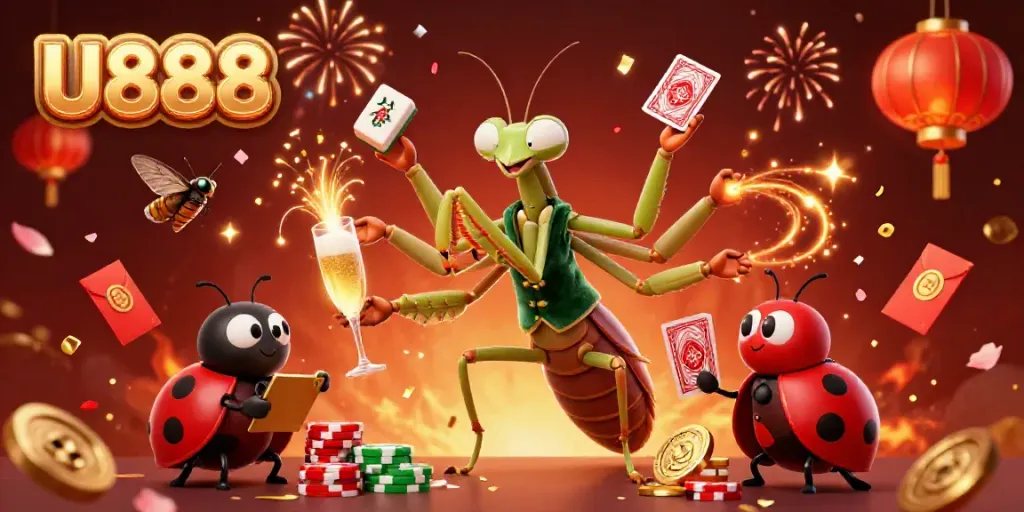 Illustration showcasing U888's vibrant online casino experience with interactive game elements.