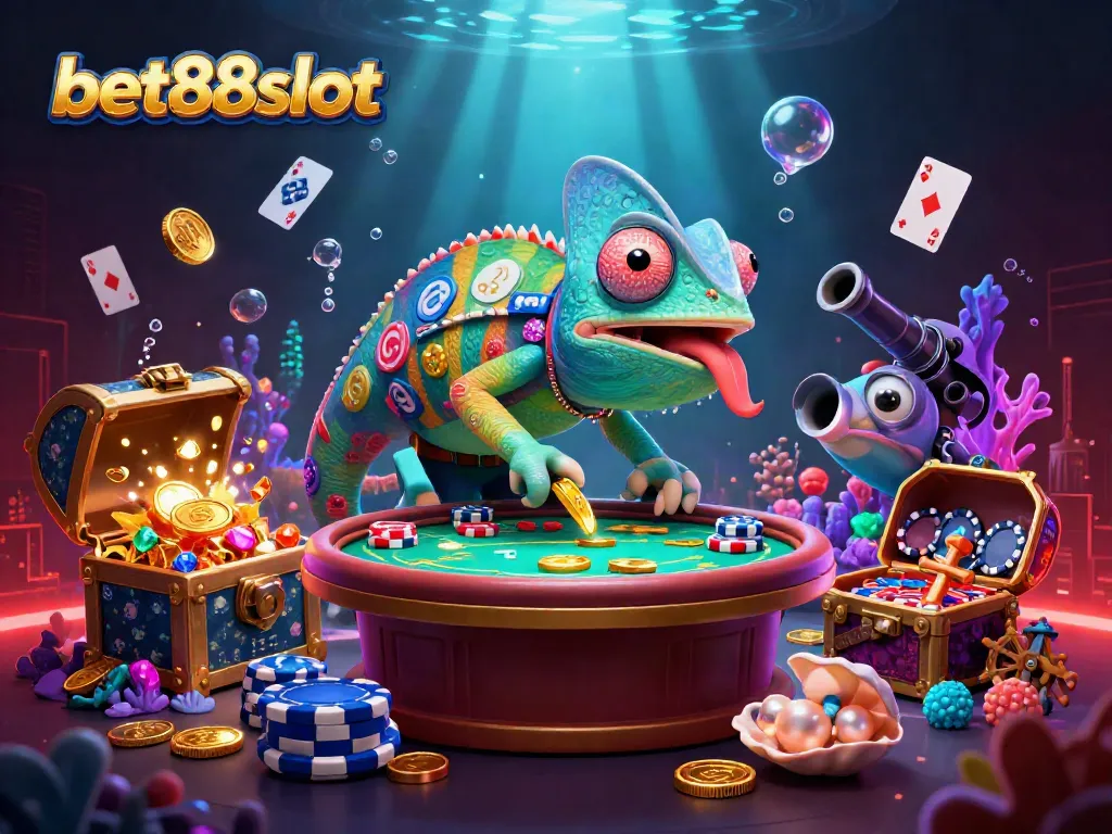 Experience exciting gameplay at bet88slot with a vibrant casino scene featuring a 3D chameleon counting golden coins.