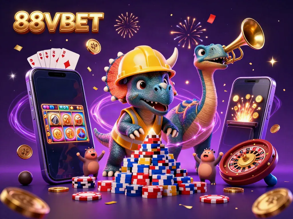 Engage in thrilling gaming with 88VBET as jubilant characters celebrate a casino victory.