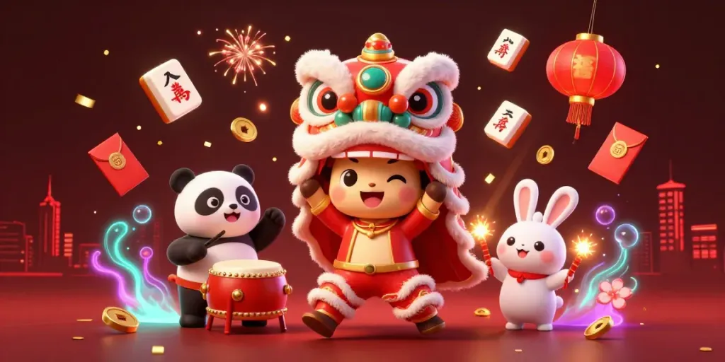 Bravey showcases exciting lion dance characters celebrating Chinese New Year with gaming elements and vibrant decor.