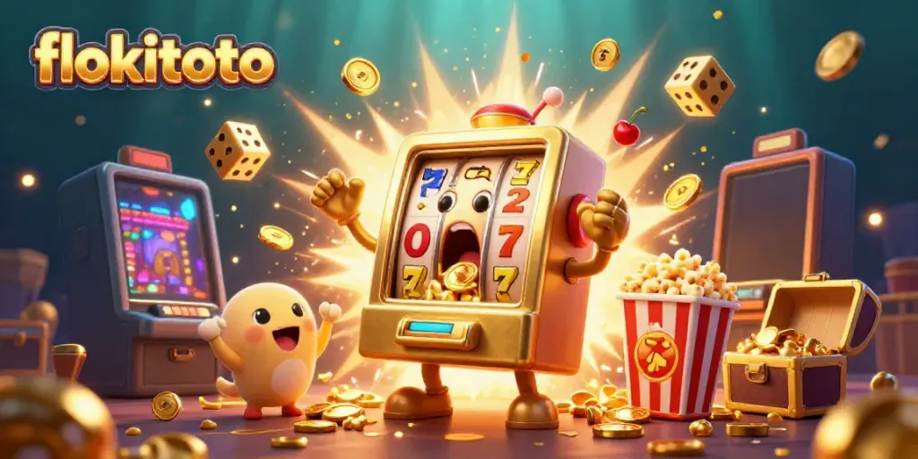 Join the excitement with flokitoto as a golden slot machine hits the jackpot amidst a festive casino celebration.