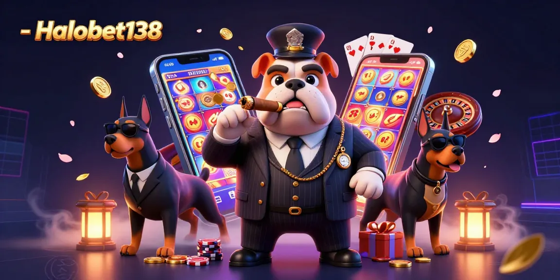 Memainkan slot dengan Halobet138, menggambarkan bulldog mafia dengan badan pengawal di sekitar game kasino.