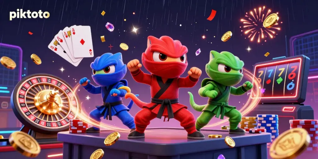 Piktoto engages players with a thrilling 3D ninja chameleon illustration amidst vibrant casino elements.