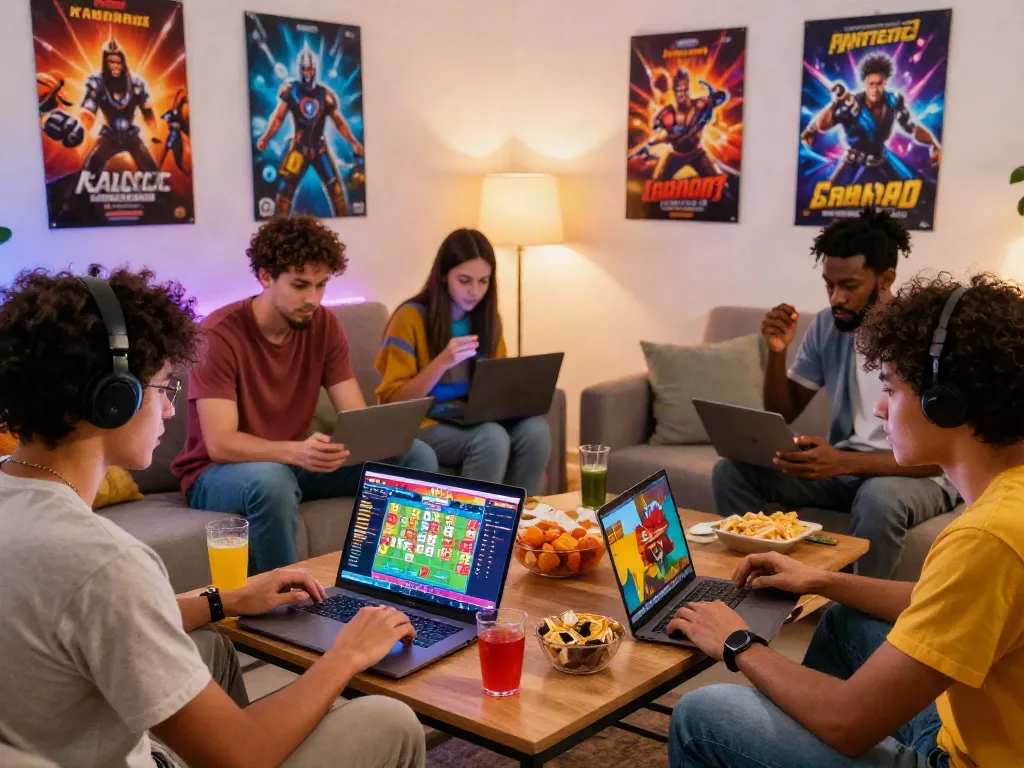 Friends engaging in unsurtoto online gaming session with vibrant atmosphere and devices.