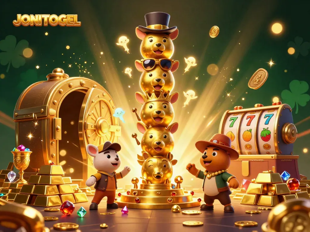Experience the thrill of JONITOGEL with vibrant casino elements and a playful golden totem.