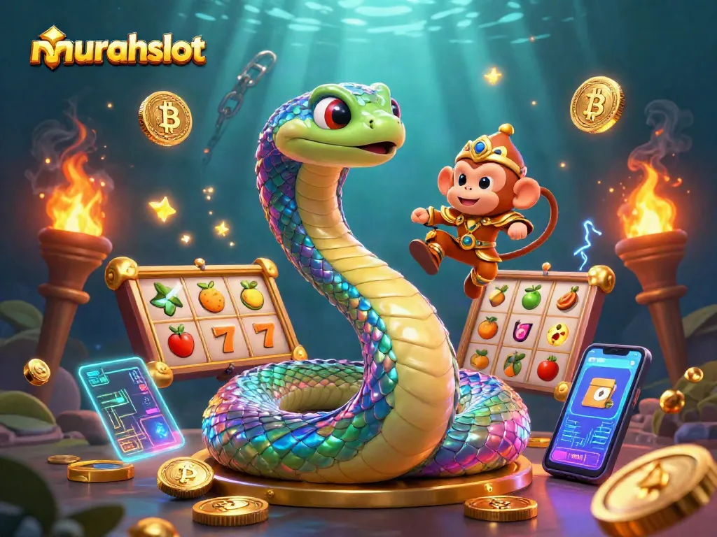 Engage with murahslot as a vibrant scene features slot symbols with a rainbow serpent and monkey king.