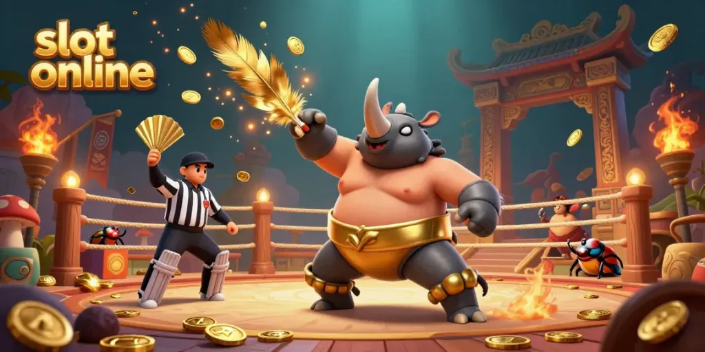 Engage in thrilling slot online action as golden coins fly in dynamic casino illustration.