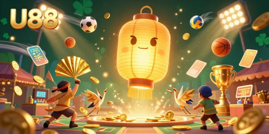 U88's vibrant casino scene depicts luck and excitement with golden lanterns and sports action.