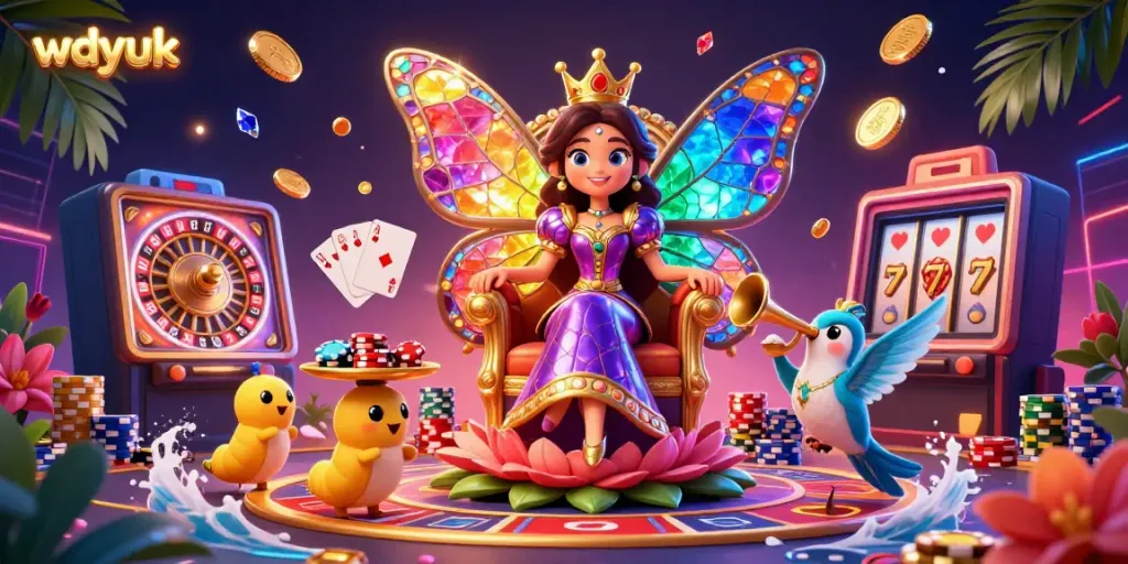 Experience the excitement of wdyuk with a vibrant casino scene featuring a butterfly queen, golden chips, and roulette.