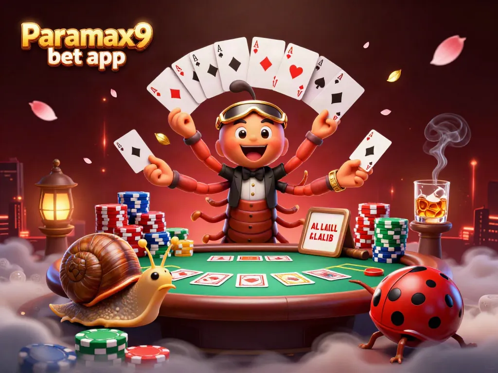 Engage in the thrill of the Paramax9 bet app with cartoon characters at a lively poker table.