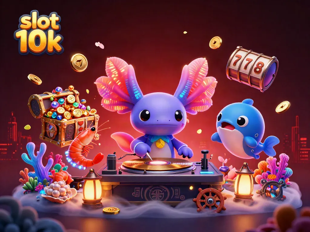 Slot depo 10k menampilkan DJ axolotl neon beraksi di bawah air dengan elemen permainan slot