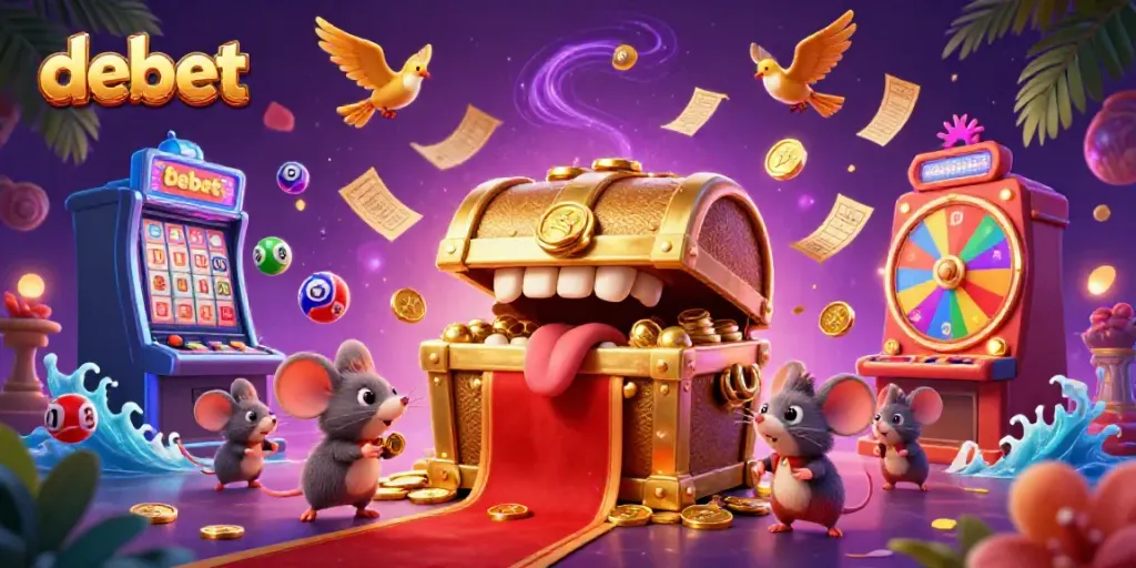 Experience wealth and excitement with debet as adventure mice are lured by a treasure chest in a vibrant casino scene.