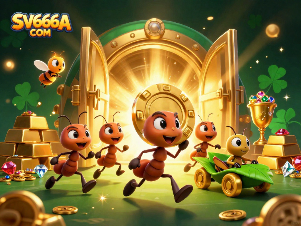 Navigate exciting winnings with SV666A COM in a vibrant 3D cartoon heist scene featuring ants and treasure.