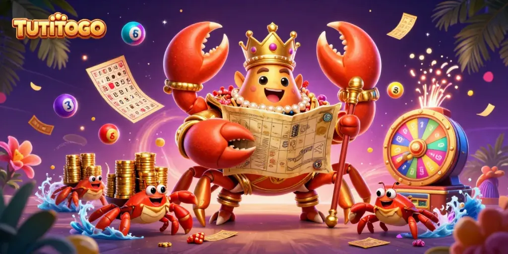 TUTITOTO crab emperor overseeing a vibrant gambling scene with dynamic lottery elements, money rain, and colorful balls.