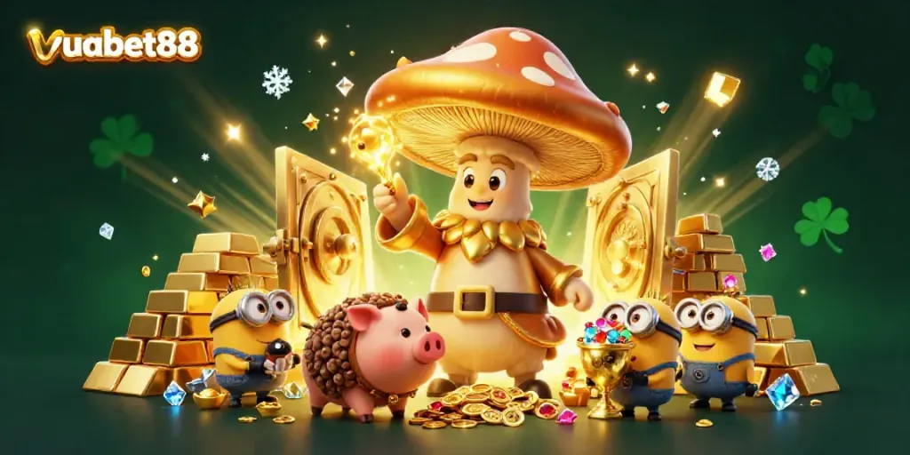 Experience the magical world of vuabet88 with a golden mushroom wizard and treasure elements.