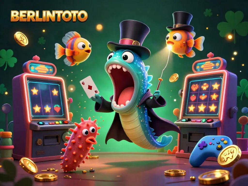 Experience thrilling card tricks with BERLINTOTO's engaging deep-sea characters in a vibrant casino scene.