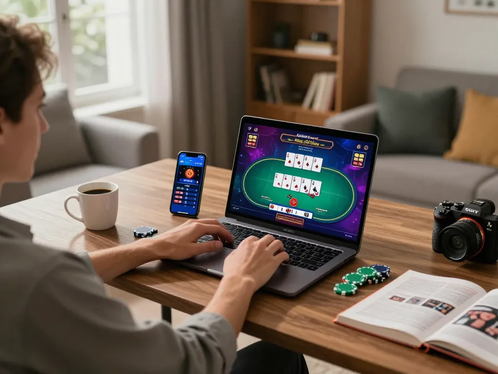 Pemain menikmati poker online dengan antarmuka m88 di laptop dan suasana cozy di rumah