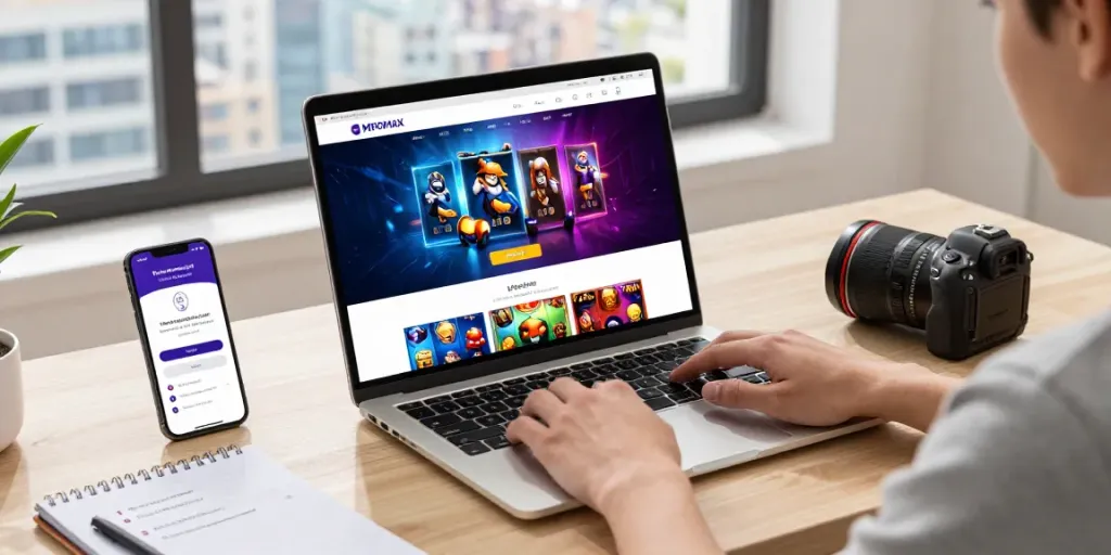 Engaging scene of a user accessing MPOMAX gaming links on a laptop in a modern workspace, emphasizing digital ease and excitement.