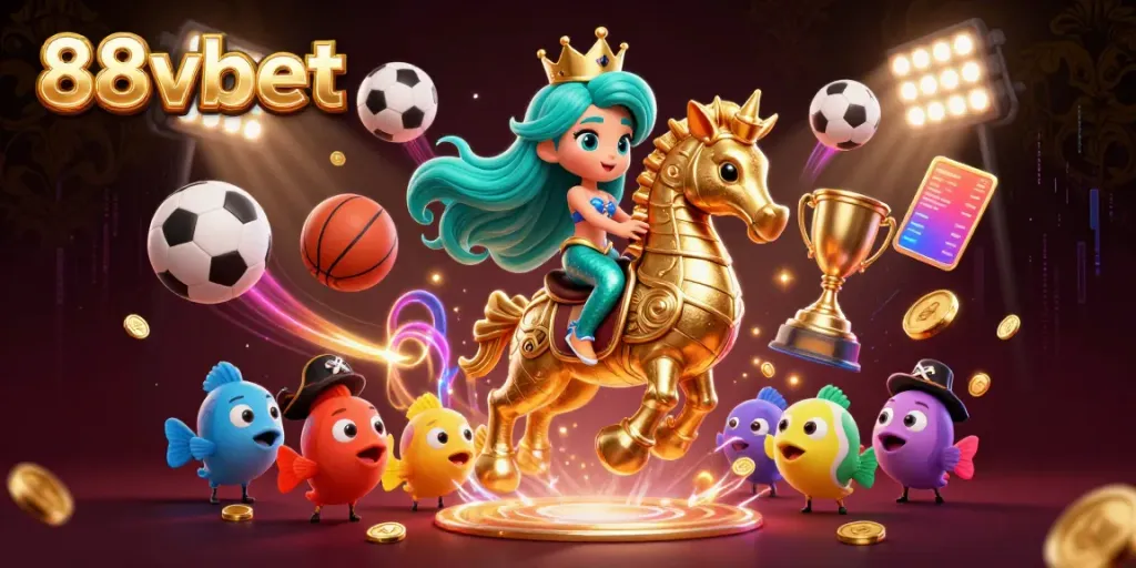 Experience exciting gameplay with 88vbet in a colorful, dynamic 3D casino illustration featuring a winning mermaid princess.