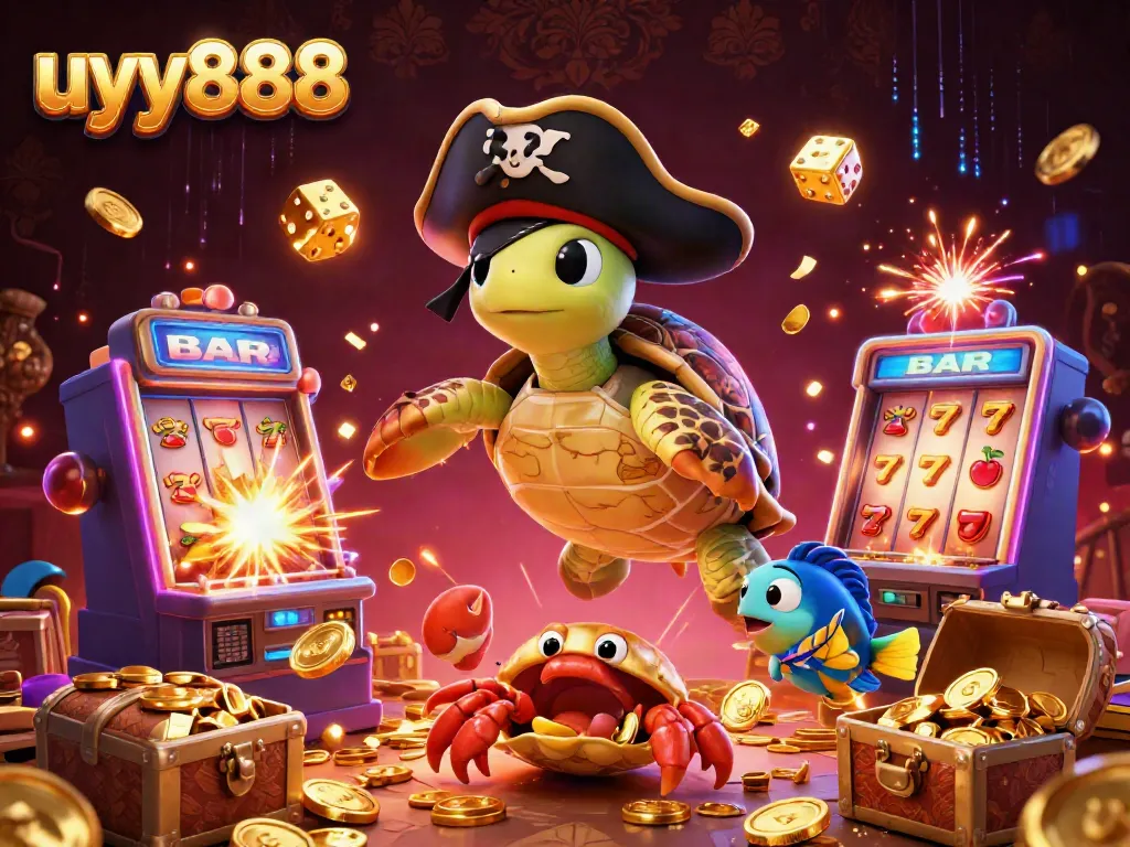 Experience excitement with uyy888's immersive cartoon scene of a pirate turtle and friends celebrating jackpots.