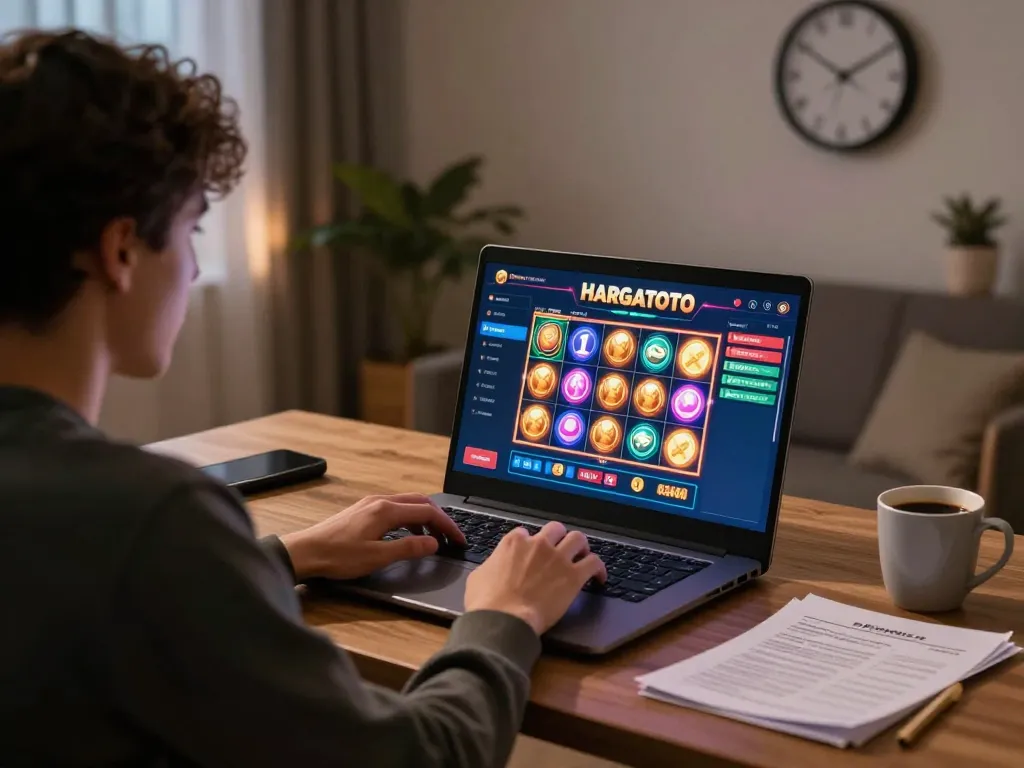 Engaging online gaming session on HARGATOTO with colorful virtual slots and strategic notes visible