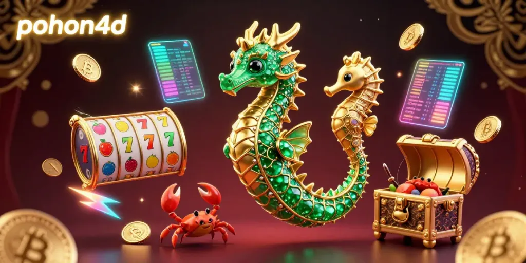 Experience the excitement of pohon4d with a vibrant 3D scene featuring a cartoon dragon and slot symbols.