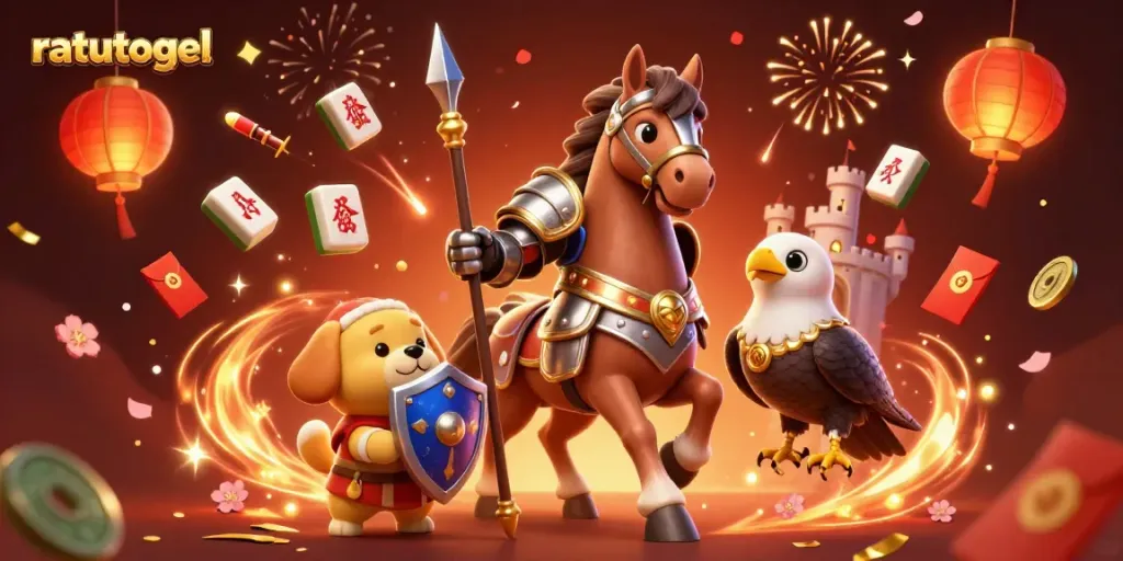 Gambarkan keseruan 'ratutogel' dengan kesatria, anjing squire, dan falcon di tengah kasino yang ramai.