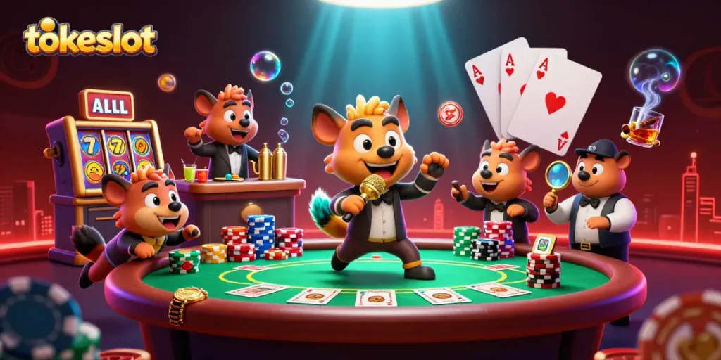 Engage with exciting tokeslot scenes of hyenas in a vibrant comedy casino setting.