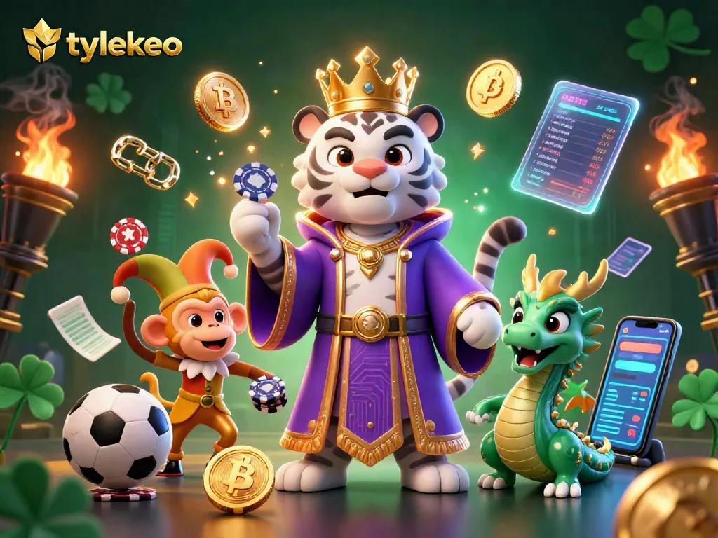 Betting action with tylekeo against a vibrant casino backdrop featuring a playful monkey, tiger, and crypto elements.
