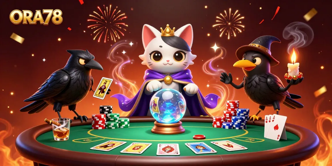 ORA78 menampilkan situs perjudian dengan ramalan kucing mistik yang menarik dan elemen permainan kartu.