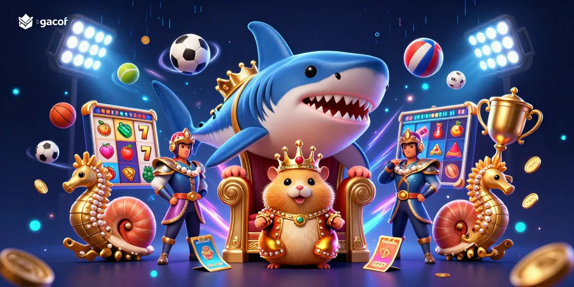 Gambarkan slot gacor dengan raja hamster emas di atas mahkota terumbu karang di antara elemen permainan slot.