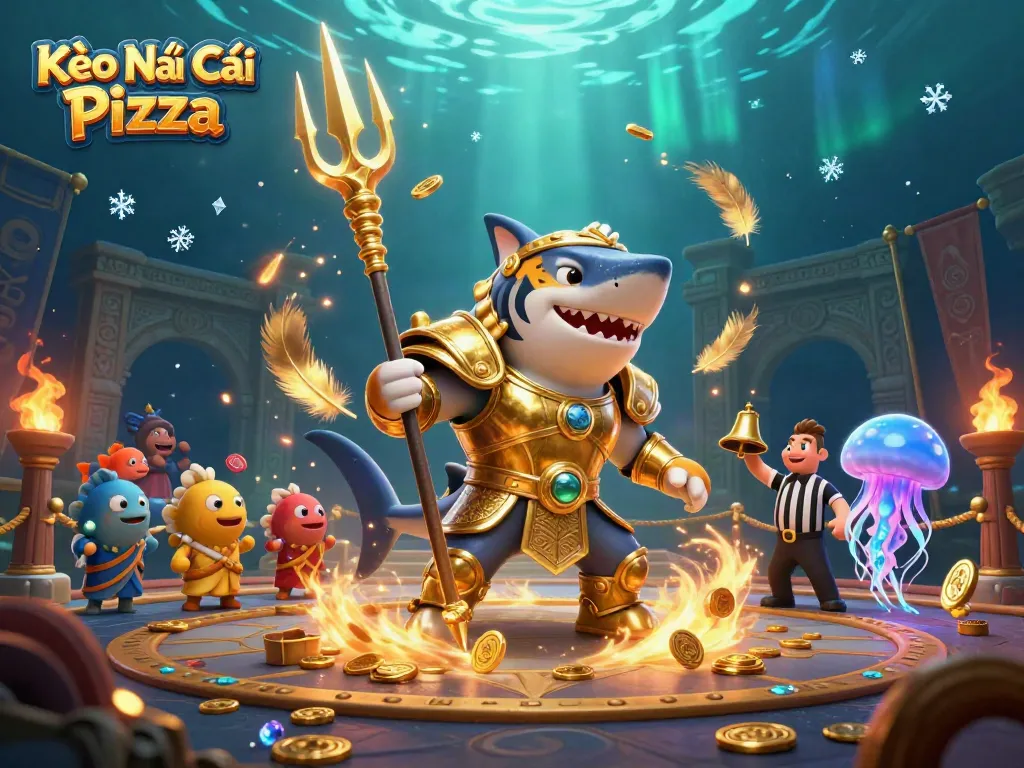 Kèo Nhà Cái Pizza showcases an epic underwater colosseum battle scene featuring a golden gladiator shark.